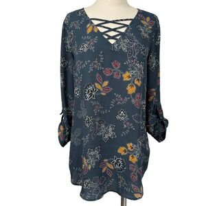 Maurices Boho Floral Tunic Top Women's M Lace Up V Neck 3/4 Sleeve